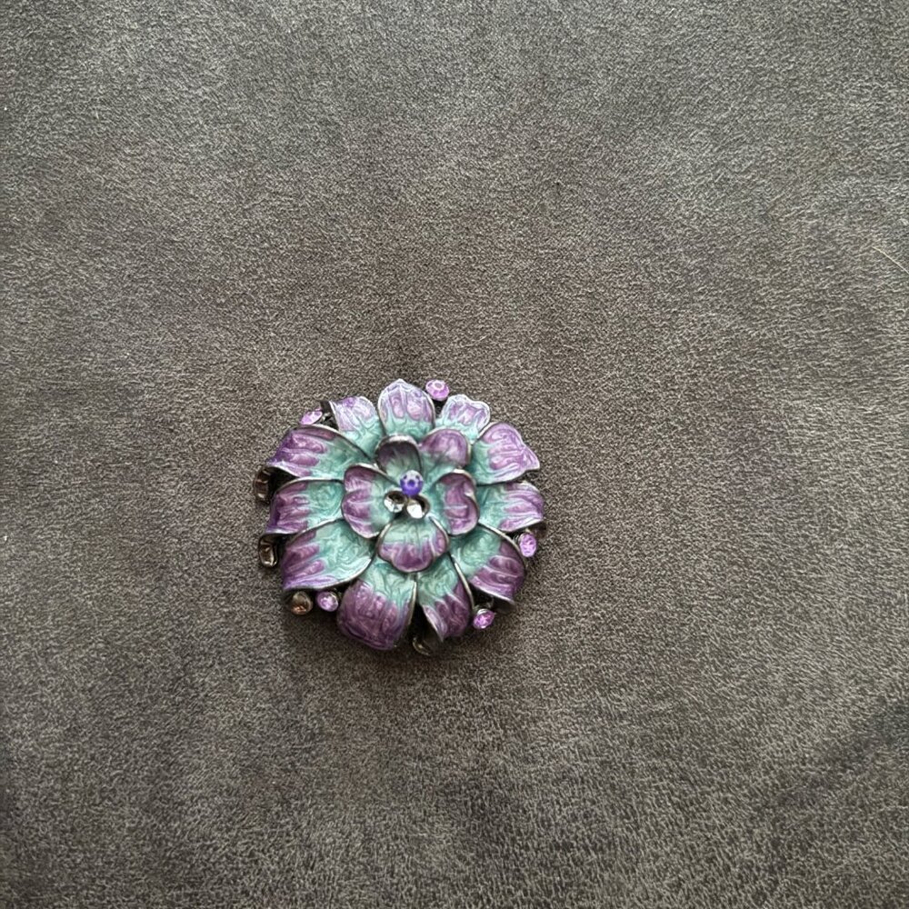 Vintage Purple & Green Enamel Flower Brooch Pin Jewelry